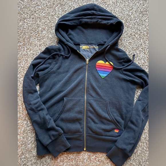 Aviator Nation rainbow heart stitch hoodie RARE -Charcoal XS sold out online - Picture 1 of 5